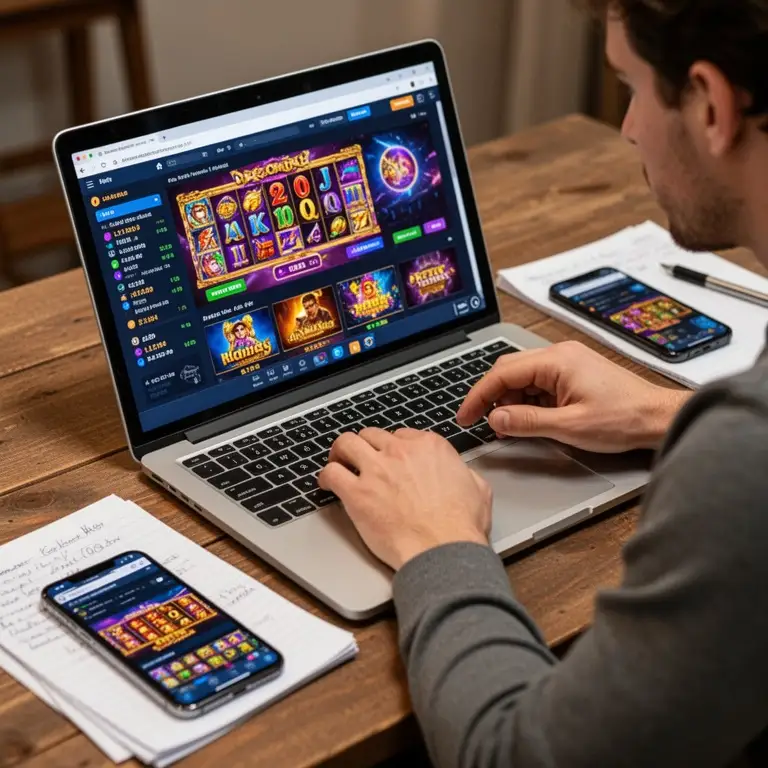 A player compares pokie games details on a laptop with notes beside a phone.