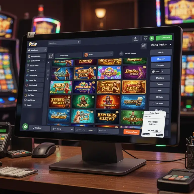 A cashier screen mock-up shows pokie games checks arranged in tidy rows.