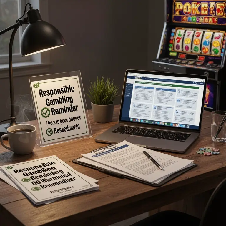 A quiet desk scene shows responsible gambling reminders beside pokie games research.