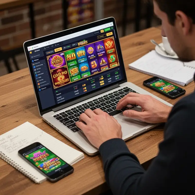 A player compares payout pokies details on a laptop with notes beside a phone.