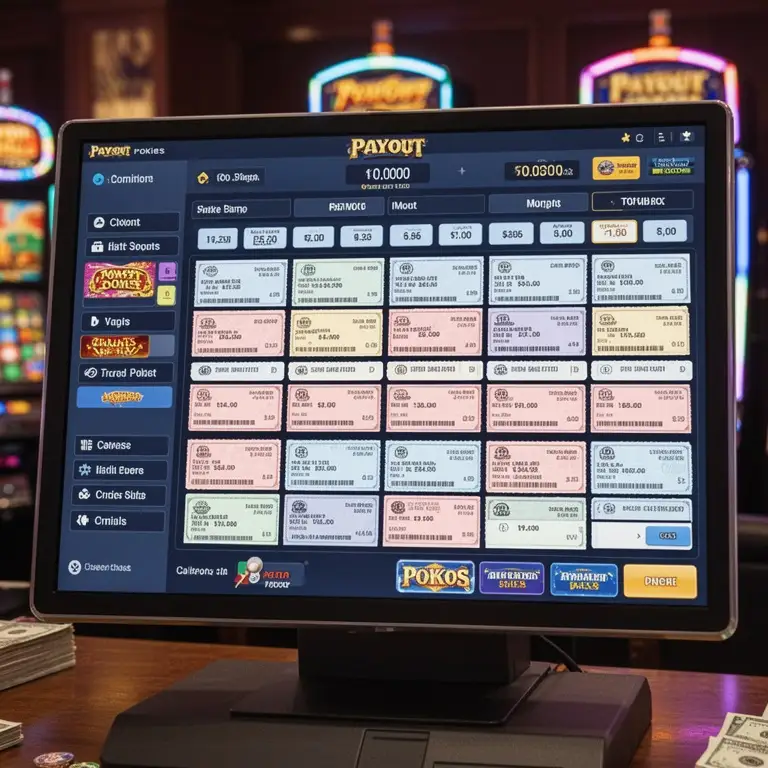 A cashier screen mock-up shows payout pokies checks arranged in tidy rows.