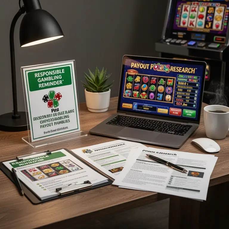 A quiet desk scene shows responsible gambling reminders beside payout pokies research.