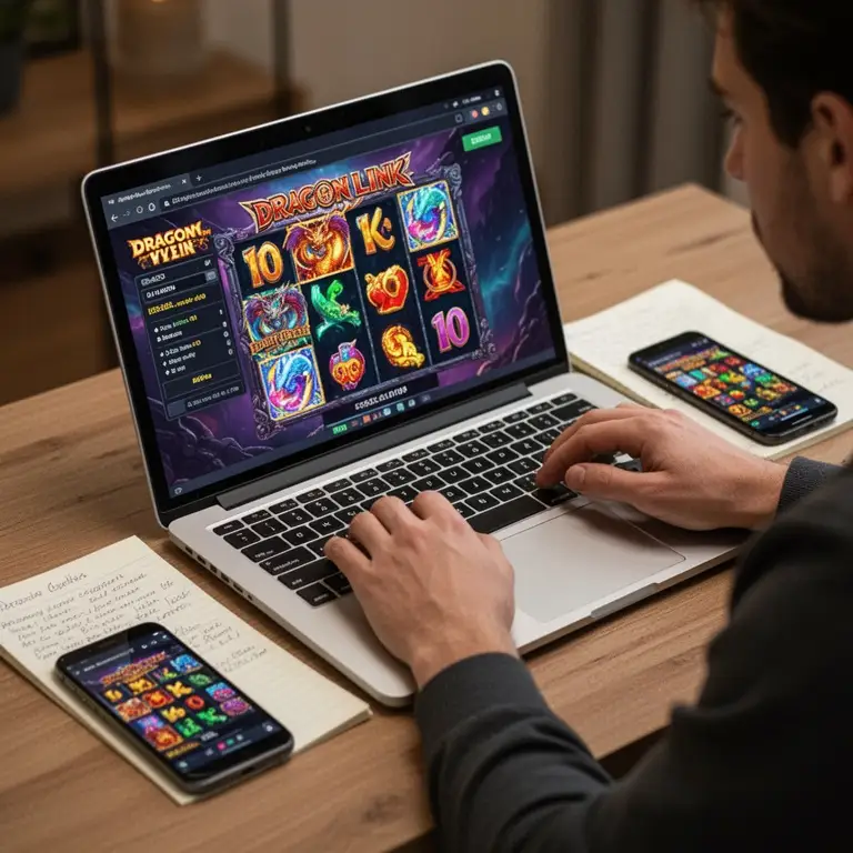A player compares dragon link slots details on a laptop with notes beside a phone.