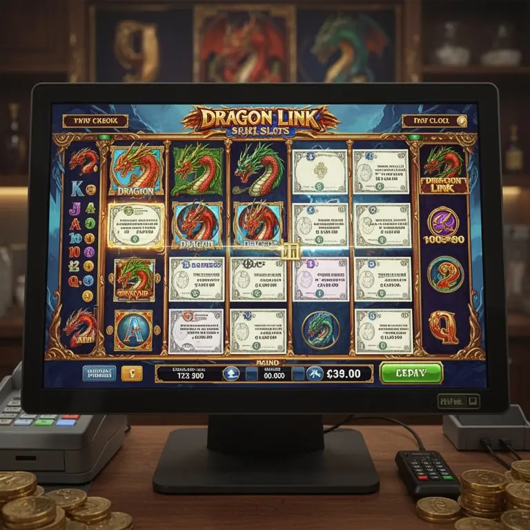 A cashier screen mock-up shows dragon link slots checks arranged in tidy rows.