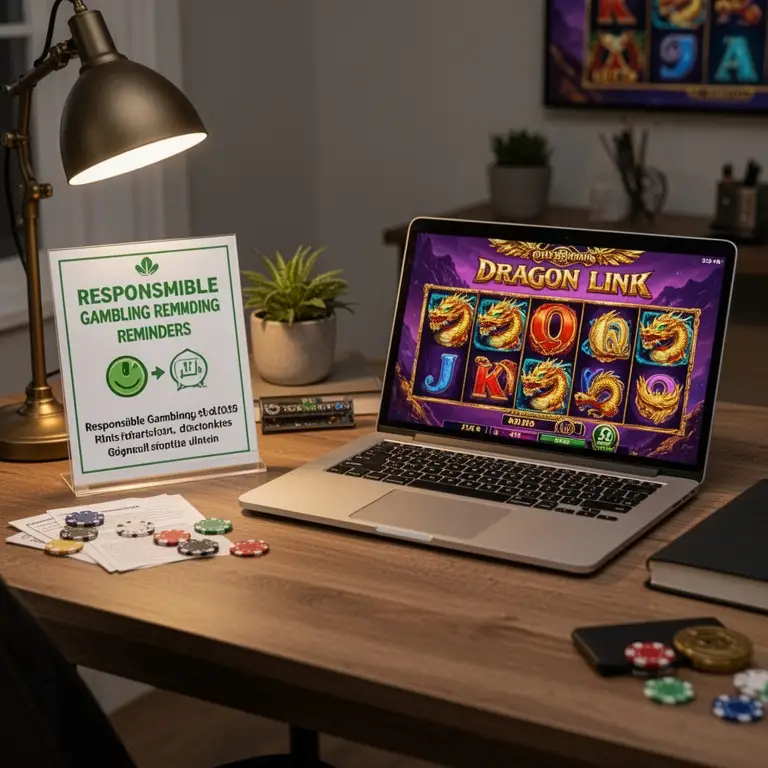 A quiet desk scene shows responsible gambling reminders beside dragon link slots research.