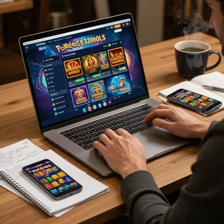 A player compares main pokies details on a laptop with notes beside a phone.