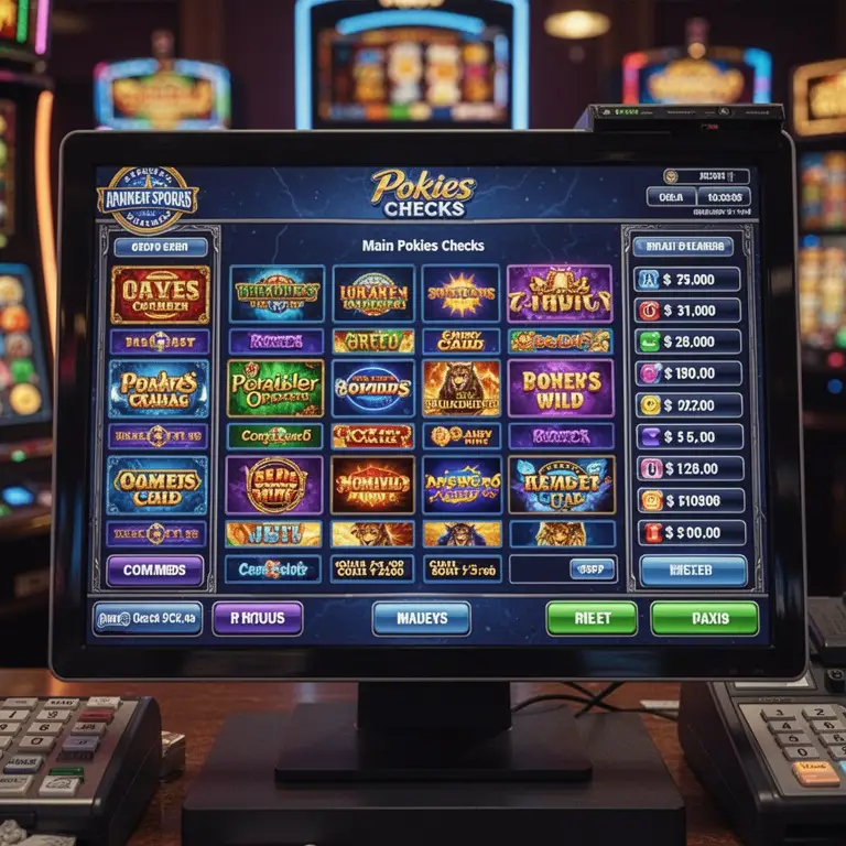 A cashier screen mock-up shows main pokies checks arranged in tidy rows.