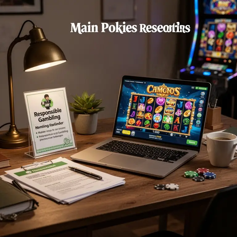 A quiet desk scene shows responsible gambling reminders beside main pokies research.