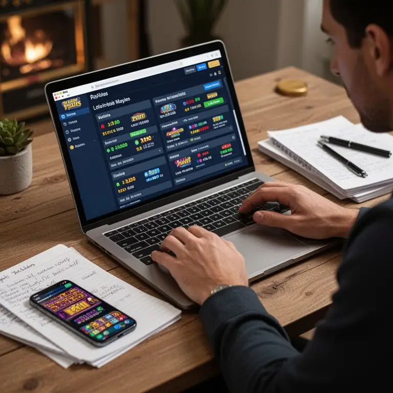 A player compares legitimate pokies details on a laptop with notes beside a phone.