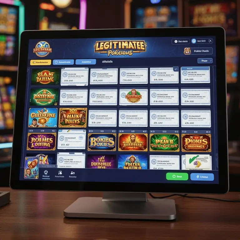 A cashier screen mock-up shows legitimate pokies checks arranged in tidy rows.