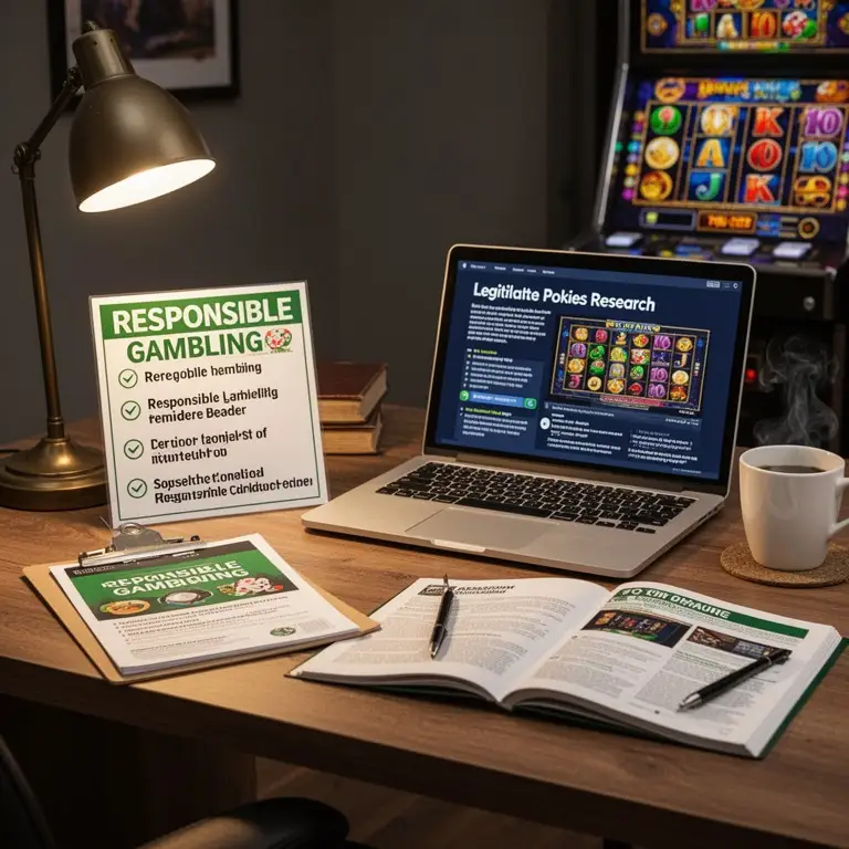 A quiet desk scene shows responsible gambling reminders beside legitimate pokies research.