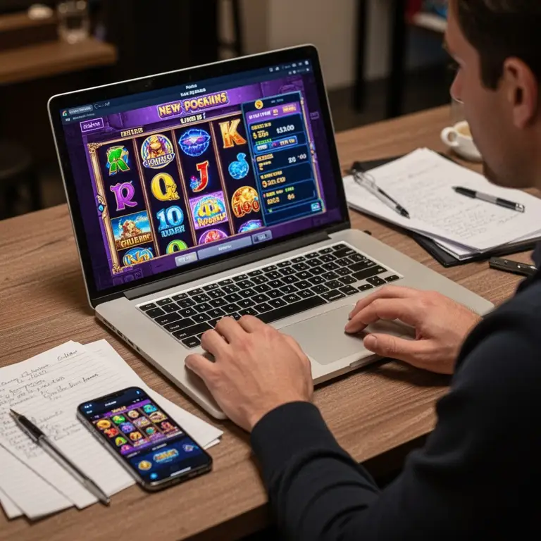 A player compares new pokies details on a laptop with notes beside a phone.