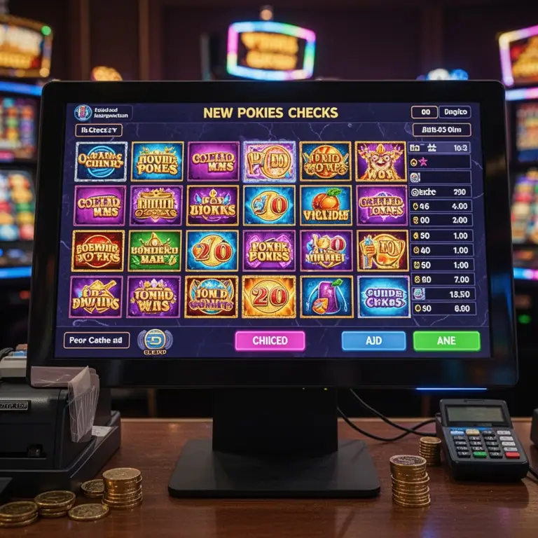 A cashier screen mock-up shows new pokies checks arranged in tidy rows.