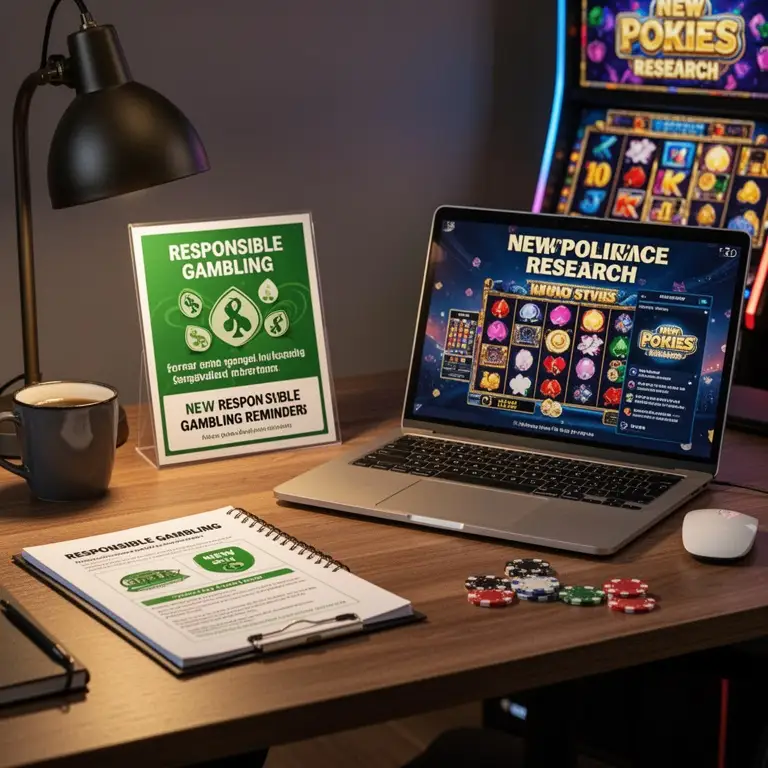 A quiet desk scene shows responsible gambling reminders beside new pokies research.