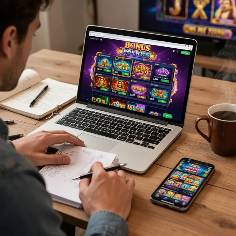 A player compares bonus pokies details on a laptop with notes beside a phone.
