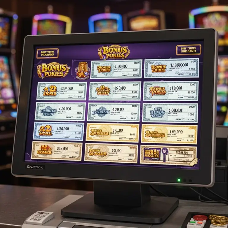 A cashier screen mock-up shows bonus pokies checks arranged in tidy rows.
