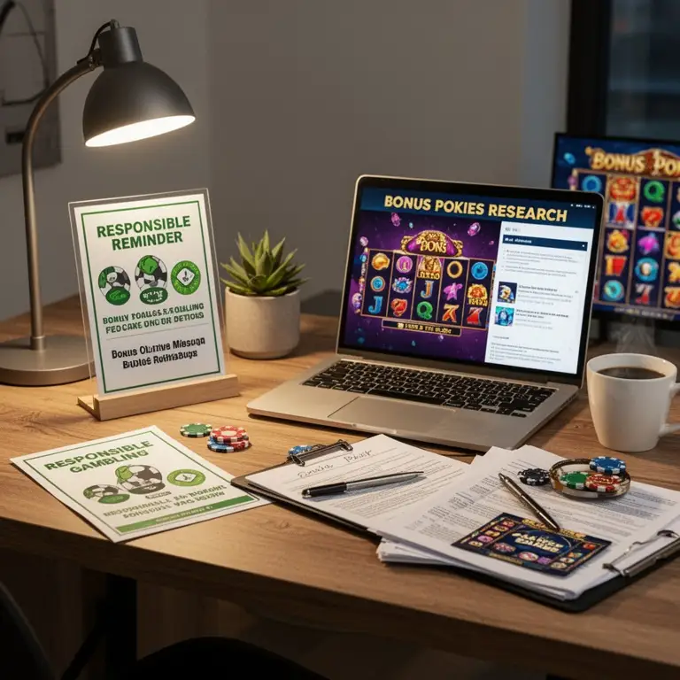 A quiet desk scene shows responsible gambling reminders beside bonus pokies research.