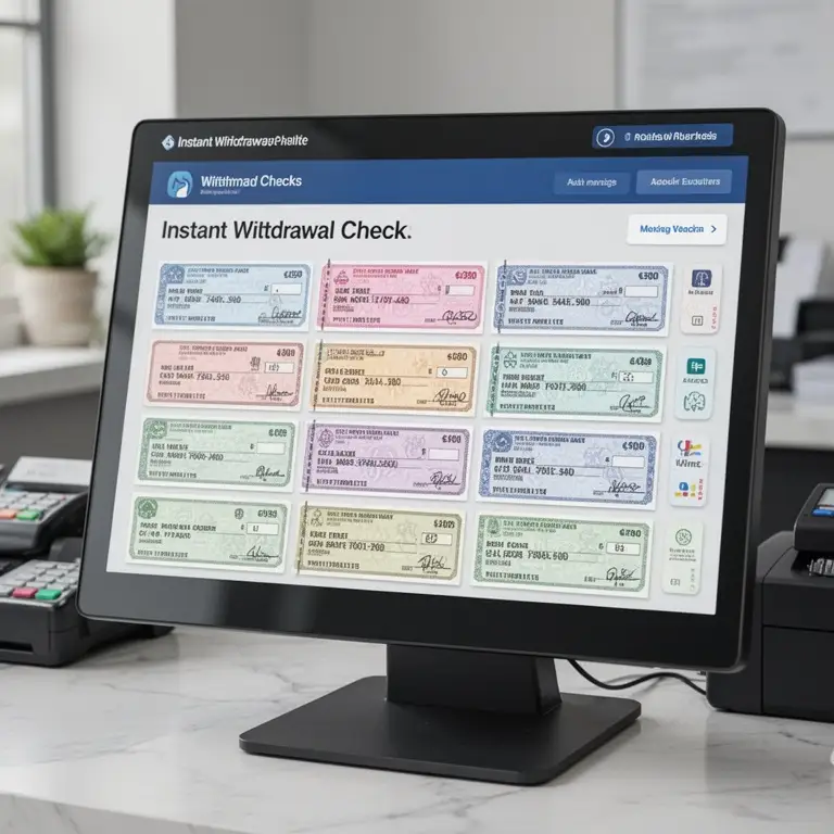 A cashier screen mock-up shows instant withdrawal checks arranged in tidy rows.