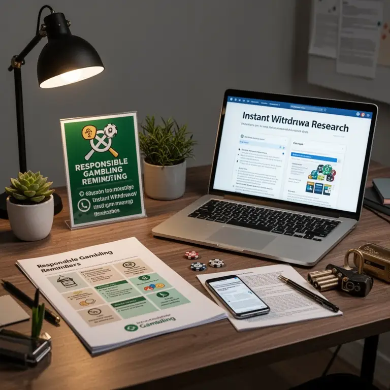 A quiet desk scene shows responsible gambling reminders beside instant withdrawal research.