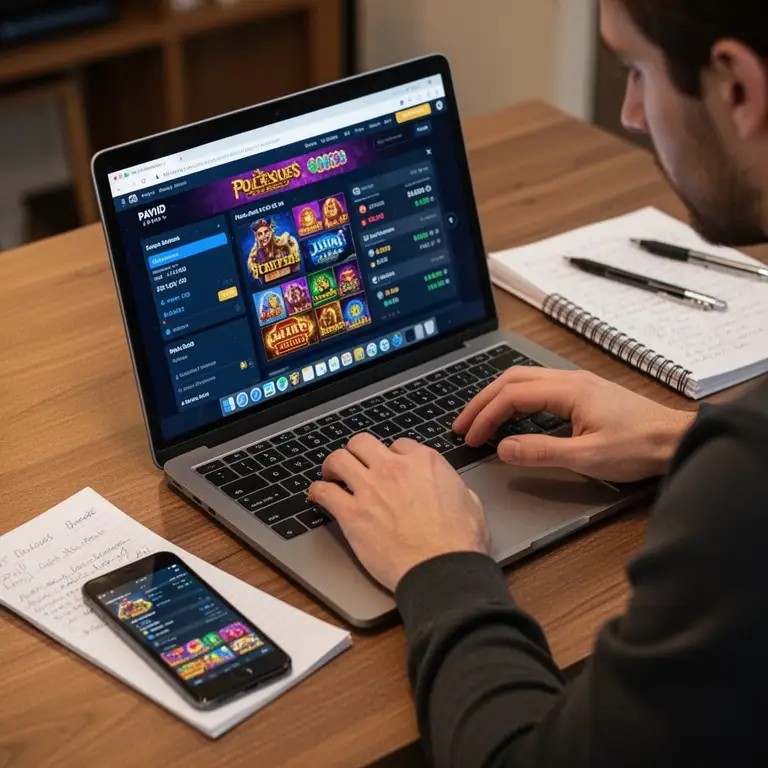 A player compares payid pokies details on a laptop with notes beside a phone.