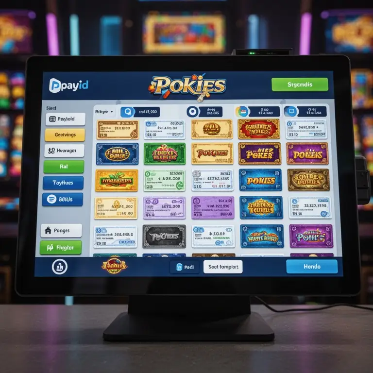 A cashier screen mock-up shows payid pokies checks arranged in tidy rows.