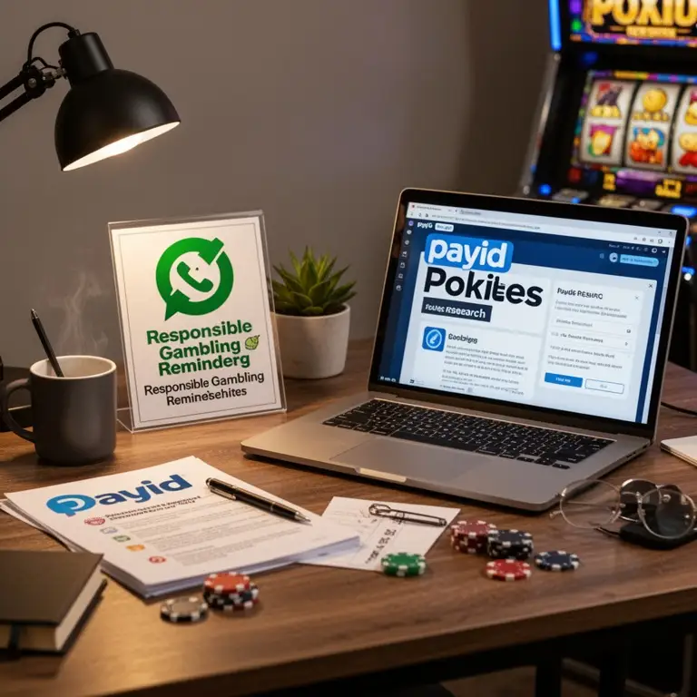 A quiet desk scene shows responsible gambling reminders beside payid pokies research.