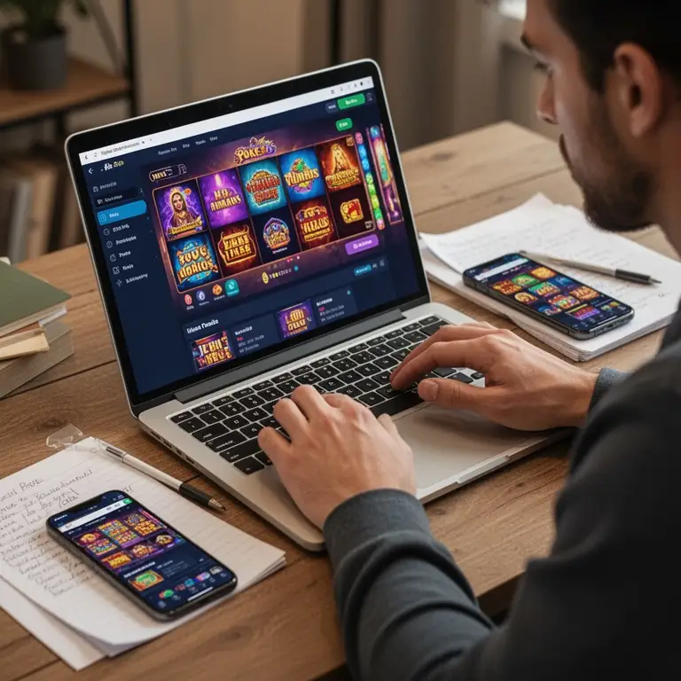 A player compares pokies app details on a laptop with notes beside a phone.