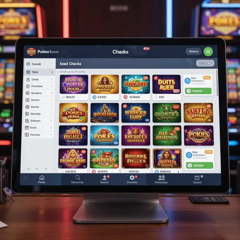 A cashier screen mock-up shows pokies app checks arranged in tidy rows.