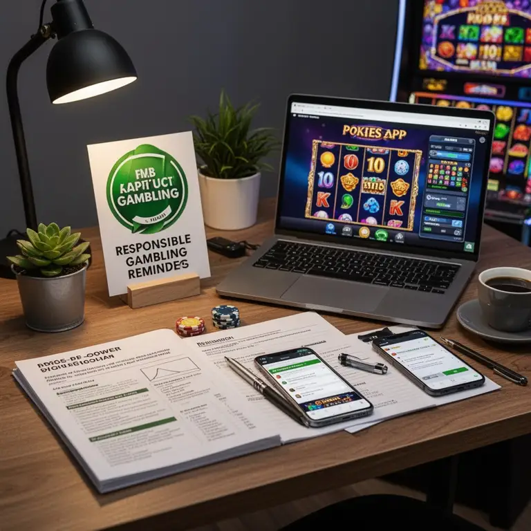 A quiet desk scene shows responsible gambling reminders beside pokies app research.
