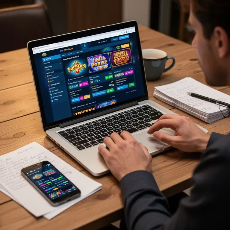 A player compares trusted pokies details on a laptop with notes beside a phone.