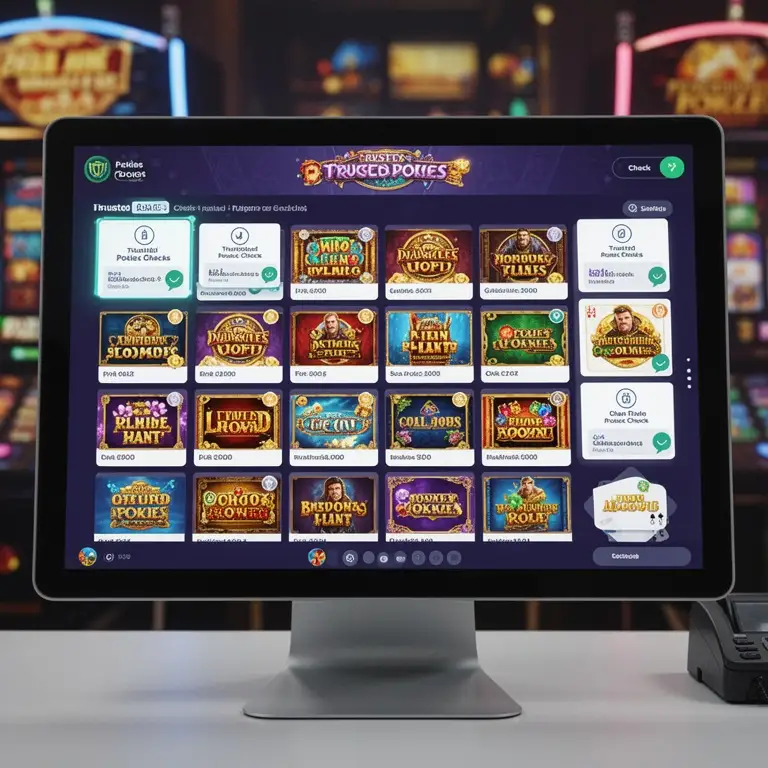 A cashier screen mock-up shows trusted pokies checks arranged in tidy rows.