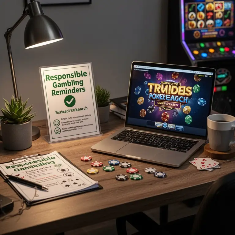 A quiet desk scene shows responsible gambling reminders beside trusted pokies research.